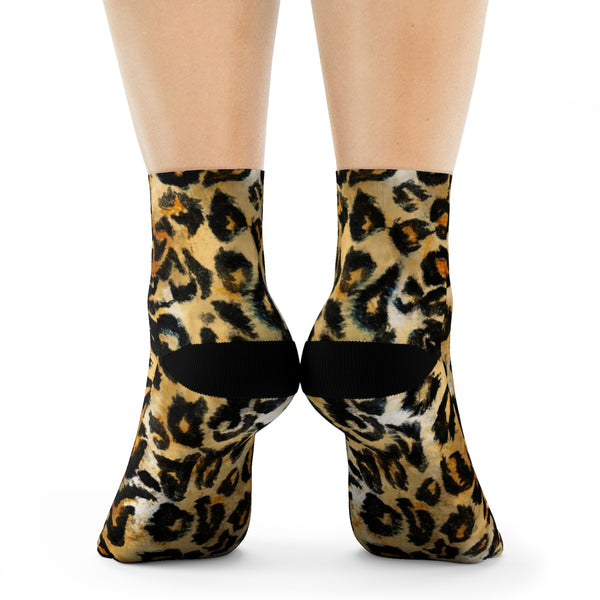 Snow Leopard Animal Skin Print Designer Ankle or Crew Elastic 1 Size Fleece Lined Socks-Socks-Heidi Kimura Art LLC