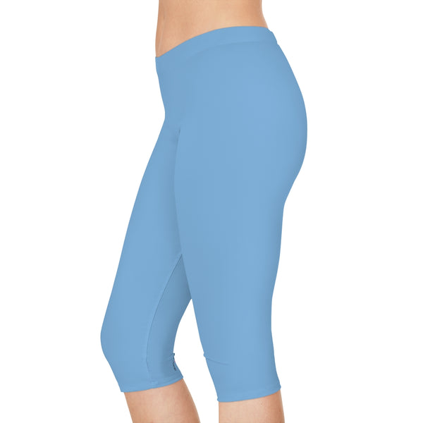 Pale Blue Women's Capri Leggings, Modern Essential Solid Color American-Made Best Designer Premium Quality Knee-Length Mid-Waist Fit Knee-Length Polyester Capris Tights-Made in USA (US Size: XS-3XL) Plus Size Available
