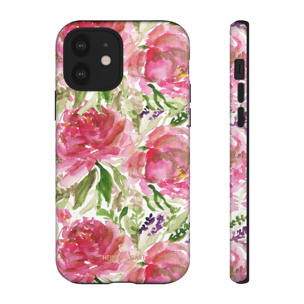Pink Rose Floral Phone Case, Watercolor Flower Print Tough Designer Phone Case -Made in USA-Phone Case-Printify-iPhone 12-Glossy-Heidi Kimura Art LLC