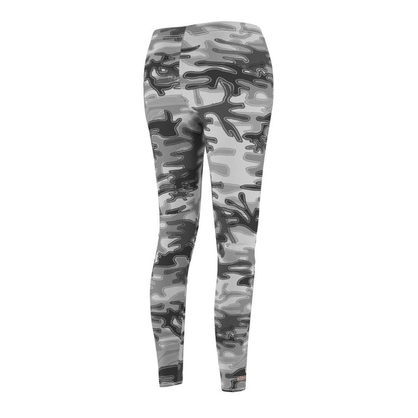 Gray Camo Camouflage Army Print Women's Dressy Long Casual Leggings- Made in USA-Casual Leggings-Heidi Kimura Art LLC