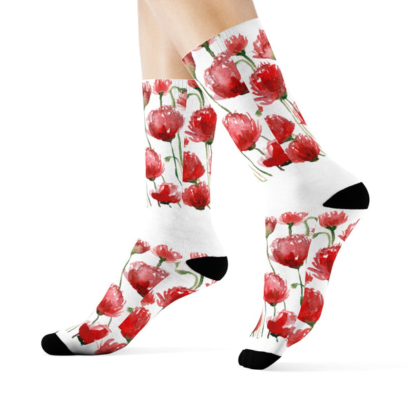 Red Poppy Floral Print Socks, Unisex Designer Premium Quality Crew Socks - Designed in USA-Socks-Heidi Kimura Art LLC