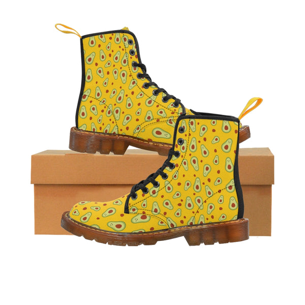 Avocado Women's Canvas Boots, Yellow Winter Laced Up Combat Boots For Vegan Loving Ladies-Women's Boots-Printify-ArtsAdd-Brown-US 8.5-Heidi Kimura Art LLC