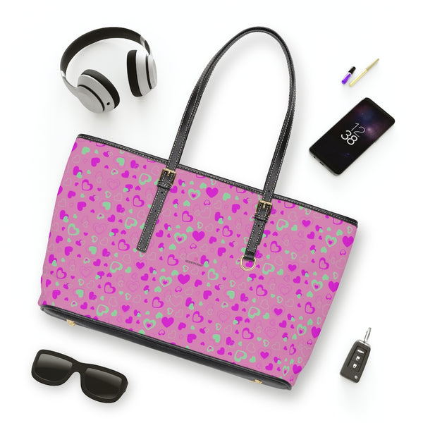 Pink Hearts Print Tote Bag, PU Leather Shoulder Hand Work Bag