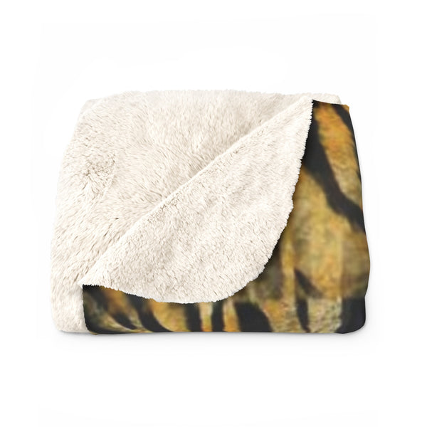 Orange Brown Tiger Stripe Print Designer Cozy Sherpa Fleece Blanket-Made in USA-Blanket-Heidi Kimura Art LLC