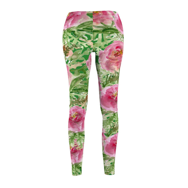 Evergreen Garden Pink Rose Floral Print Women's Tights Leggings - Made in USA-Casual Leggings-Heidi Kimura Art LLC
