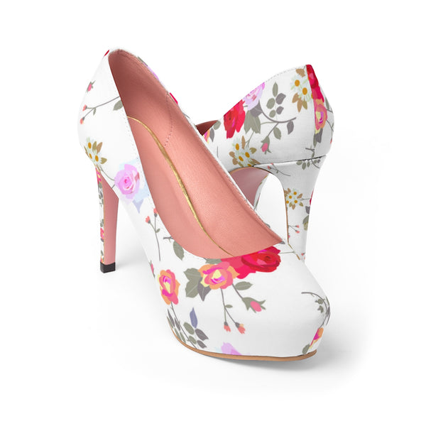 White Mixed Floral Print Designer Women's Platform Heels Platform Heels (US Size: 5-11)-4 inch Heels-US 9-Heidi Kimura Art LLC