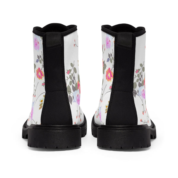 White Floral Print Designer Vintage Style Women's Canvas Winter Boots(Size: 6.5-11)-Women's Boots-Heidi Kimura Art LLC