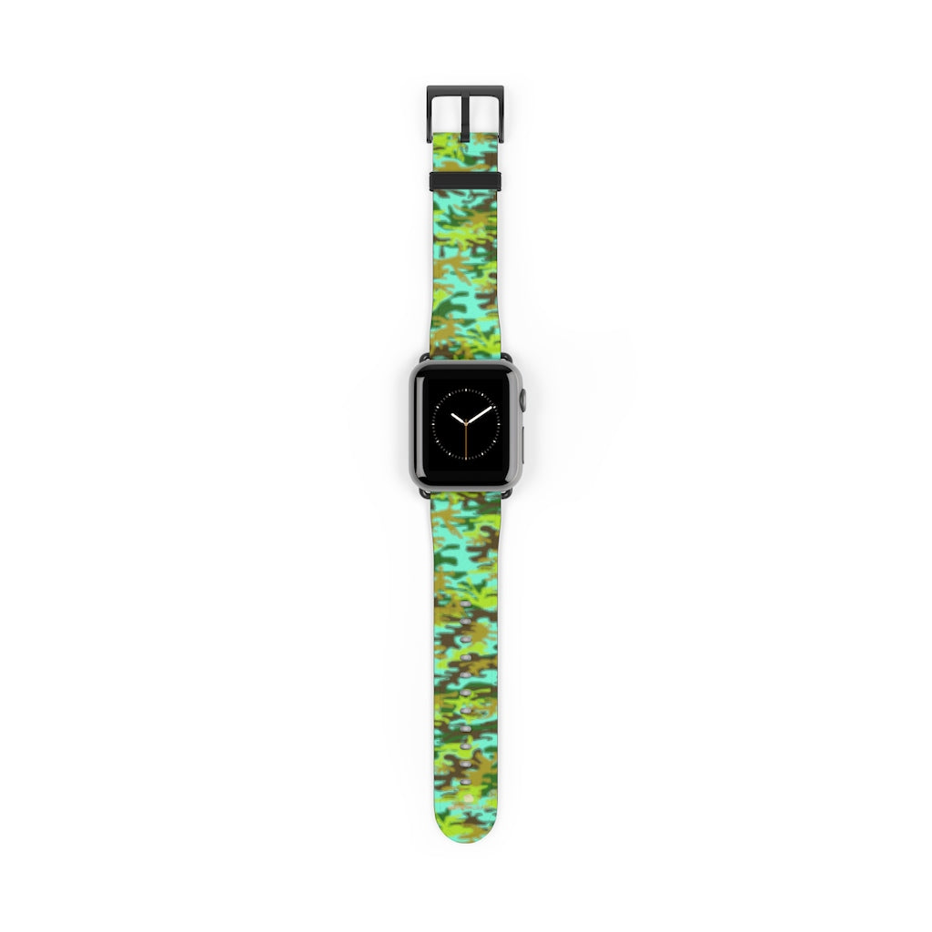 Light Blue Green Camo Print 38mm/ 42mm Watch Band For Apple Watches- Made in USA-Watch Band-38 mm-Black Matte-Heidi Kimura Art LLC
