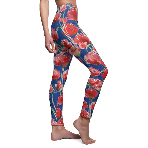 Blue Poppy Floral Casual Tights, Women's Floral Casual Leggings