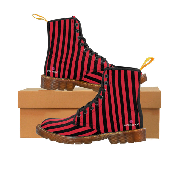 Red Black Striped Women's Boots, Best Vertical Stripes Winter Laced Up Designer Boots For Women