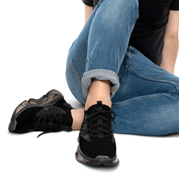 Black Solid Color Men's Shoes, Solid Black Grey Color Best Comfy Men's Mesh-Knit Designer Premium Laced Up Breathable Comfy Sports Sneakers Shoes (US Size: 5-12)