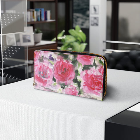 Pink Roses Zipper Wallet, Best Pink Floral Roses Print Best 7.87" x 4.33" Luxury Cruelty-Free Faux Leather Women's Wallet & Purses Compact High Quality Nylon Zip & Metal Hardware, Luxury Long Wallet Card Cases For Women