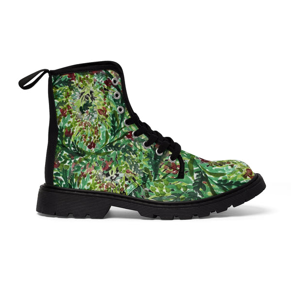 Black Green Floral Women's Boots, Flower Print Elegant Feminine Casual Fashion Gifts, Flower Rose Print Shoes For Plant Lovers, Combat Boots, Designer Women's Winter Lace-up Toe Cap Hiking Boots Shoes For Women (US Size 6.5-11)