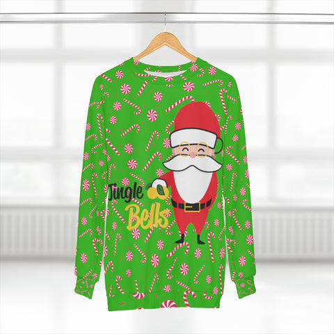 Green Santa Claus Red Candy Cane Christmas Holiday Unisex Sweatshirt -Made in USA-Unisex Sweatshirt-L-Heidi Kimura Art LLC
