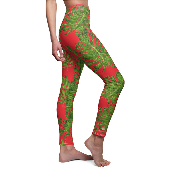 Red And Green Tropical Leaf Print Women's Dressy Long Casual Leggings- Made in USA-Casual Leggings-Heidi Kimura Art LLC