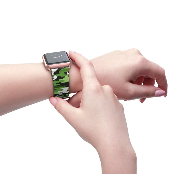Green & White Camo Print 38mm/42mm Watch Band For Apple Watch- Made in USA-Watch Band-Heidi Kimura Art LLC
