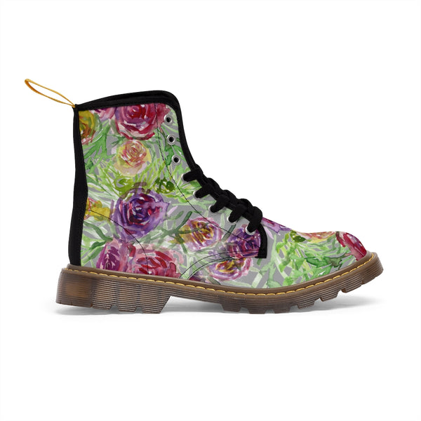 Grey Yellow Floral Women's Boots, Rose Flower Printed Elegant Feminine Casual Fashion Gifts, Flower Rose Print Shoe, Combat Boots, Designer Women's Winter Lace-up Toe Cap Hiking Boots Shoes For Women (US Size 6.5-11)