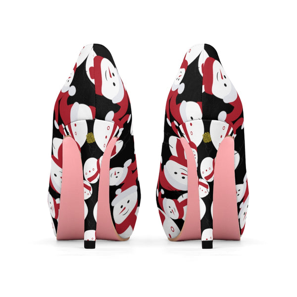 Black Red White Christmas Snowman Print Festive Xmas Women's Platform Heels Shoes-4 inch Heels-Heidi Kimura Art LLC