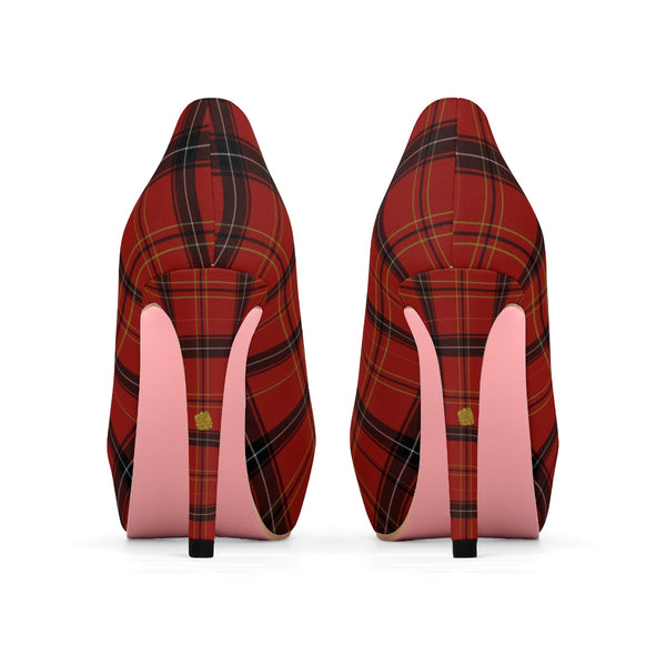 Dark Red Tartan Plaid Scottish Print Women's Platform Heels Pumps (US Size: 5-11)-4 inch Heels-Heidi Kimura Art LLC