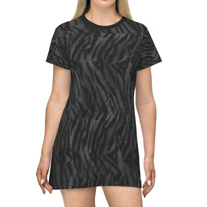 Grey Tiger Stripes T-Shirt Dress, Animal Print Designer Crew Neck Women's Long Tee T-shirt Dress-Made in USA (US Size: XS-2XL)