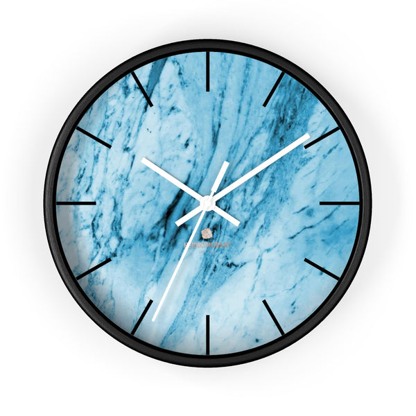 Blue White Marble Print Art Large Indoor 10" inch dia. Designer Wall Clock-Made in USA-Wall Clock-10 in-Black-White-Heidi Kimura Art LLC
