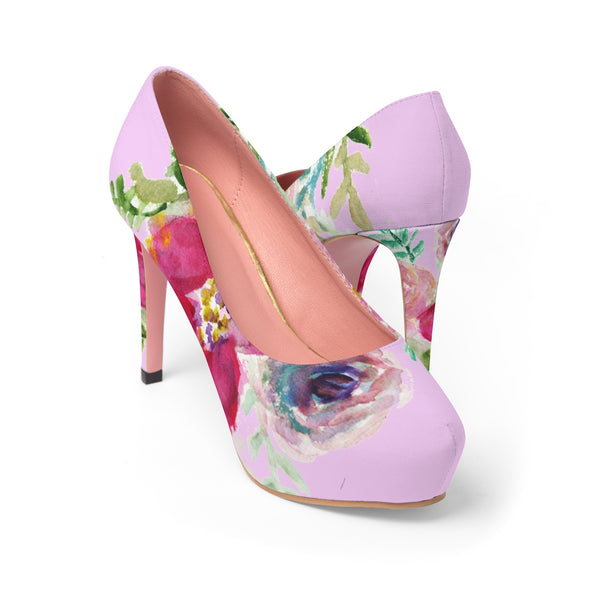 Pink Red Spring Floral Print Women's Designer 4" Platform Pumps High Heels Shoes-4 inch Heels-US 7-Heidi Kimura Art LLC