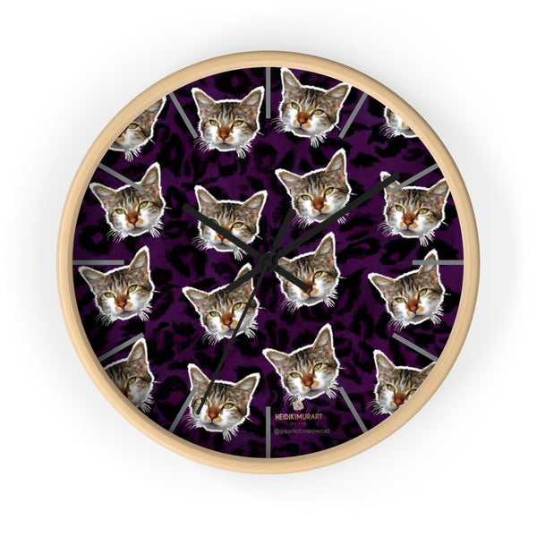 Purple Leopard Print Wall Clock, Peanut Meow Cat Cute Cat Large Clock- Made in USA-Wall Clock-10 in-Wooden-Black-Heidi Kimura Art LLC