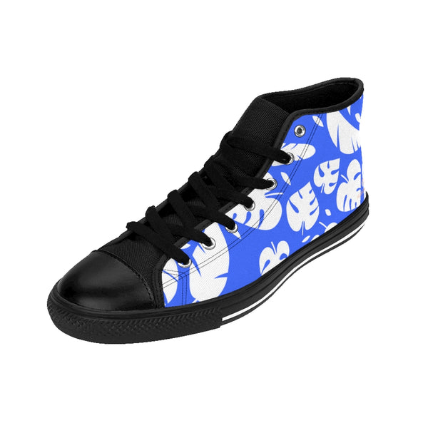 Blue Tropical Leaf Men's High-top Sneakers, White and Blue Hawaiian Style Leaves Print Designer Men's High-top Sneakers Running Tennis Shoes, Floral High Tops, Mens Floral Print Shoes, Hawaiian Style Tropical Leaf Print Sneakers For Men (US Size: 6-14)