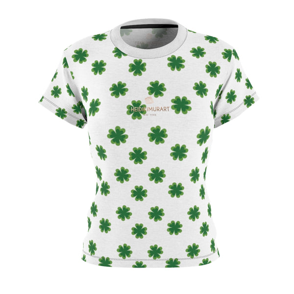 White Green Clover Print St. Patrick's Day Women's Short Sleeves Crewneck Tee- Made in USA-Women's T-Shirt-XS-Black Seams-4 oz.-Heidi Kimura Art LLC