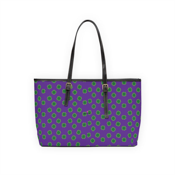 Purple Clovers Tote Bag, PU Leather Shoulder Hand Work Bag