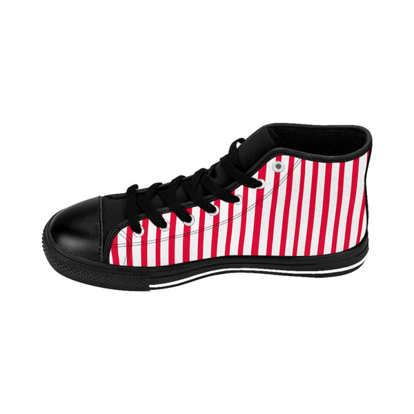 Red Striped Men's High-top Sneakers, Red White Modern Stripes Men's High Tops, High Top Striped Sneakers, Striped Casual Men's High Top For Sale, Fashionable Designer Men's Fashion High Top Sneakers, Tennis Running Shoes (US Size: 6-14)