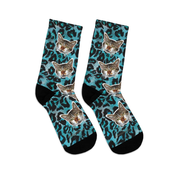 Blue Leopard Cat Print Socks, Cute One-Size Knit Premium Socks For Cat Lovers- Made in USA-Socks-One size-Heidi Kimura Art LLC