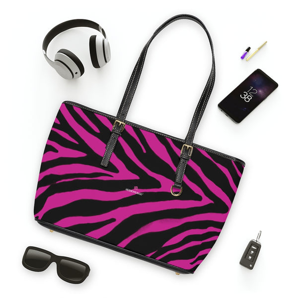 Hot Pink Zebra Tote Bag, Zebra Striped Pink and Black Animal Print PU Leather Shoulder Large Spacious Durable Hand Work Bag 17"x11"/ 16"x10" With Gold-Color Zippers & Buckles & Mobile Phone Slots & Inner Pockets, All Day Large Tote Luxury Best Sleek and Sophisticated Cute Work Shoulder Bag For Women With Outside And Inner Zippers