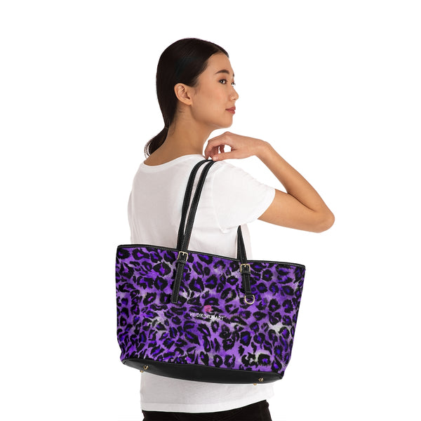 Purple Leopard Print Tote Bag, Purple Best Stylish Leopard Animal Printed PU Leather Shoulder Large Spacious Durable Hand Work Bag 17"x11"/ 16"x10" With Gold-Color Zippers & Buckles & Mobile Phone Slots & Inner Pockets, All Day Large Tote Luxury Best Sleek and Sophisticated Cute Work Shoulder Bag For Women With Outside And Inner Zippers