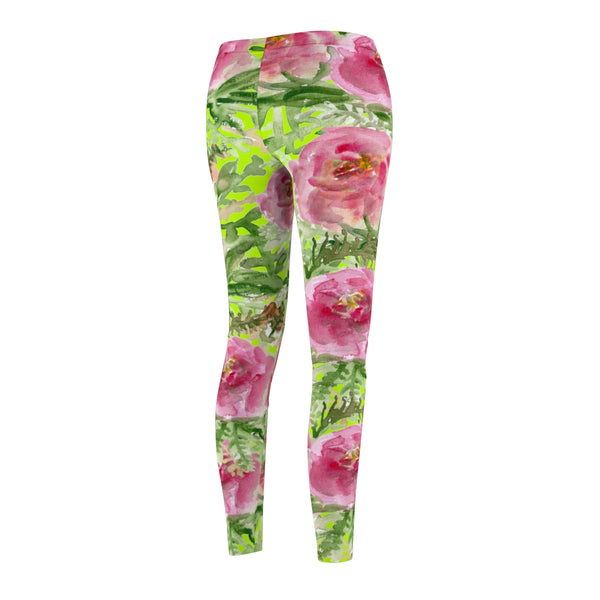 Green Rose Floral Print Women's Tights / Casual Leggings -Made in USA(US Size: XS-2XL)-Casual Leggings-Heidi Kimura Art LLC