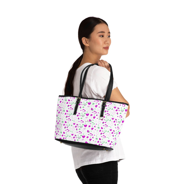 Pink Hearts Print Tote Bag, PU Leather Shoulder Hand Work Bag