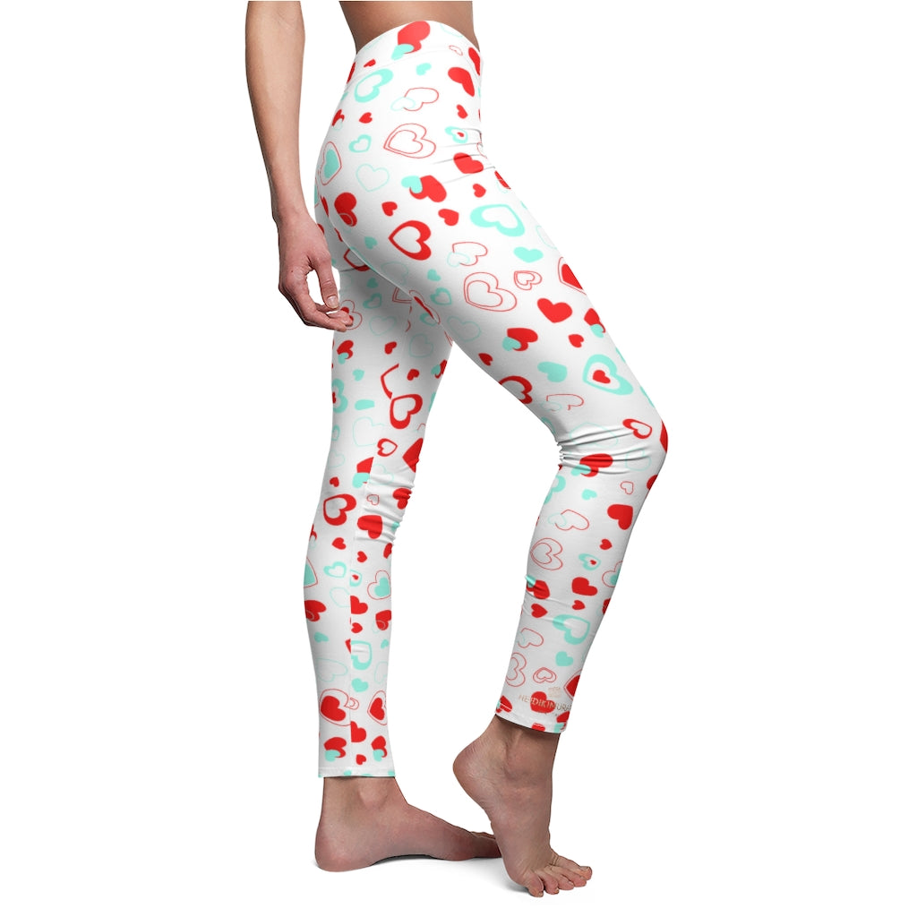 White Red Hearts Valentines Print Women's Dressy Long Casual Leggings- Made in USA-All Over Prints-White Seams-M-Heidi Kimura Art LLC