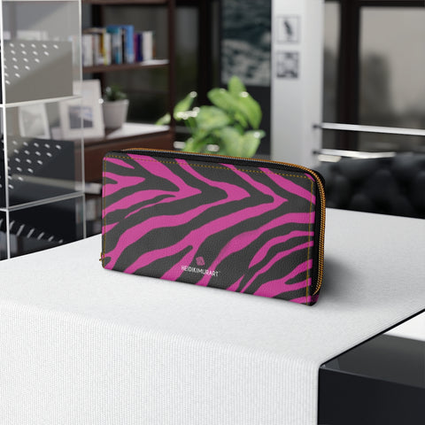 Hot Pink Zebra Animal Print Wallet, Best Zebra Striped Animal Print Best 7.87" x 4.33" Luxury Cruelty-Free Faux Leather Women's Wallet & Purses Compact High Quality Nylon Zip & Metal Hardware, Luxury Long Wallet Card Cases For Women