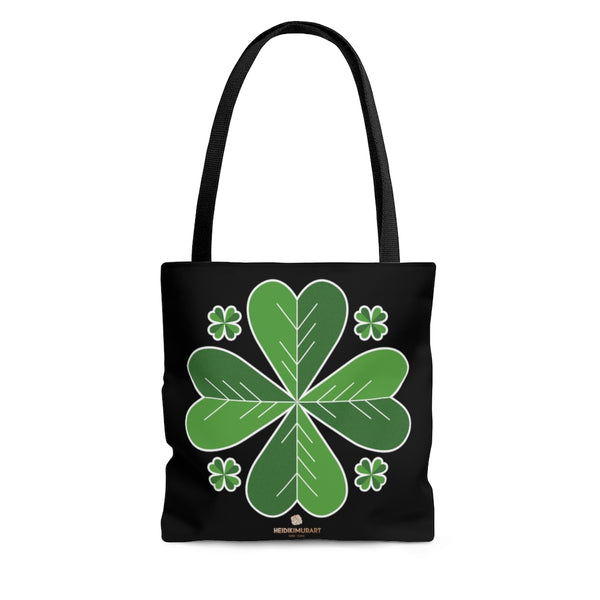 Green Clover Print Tote Bag, Black Irish Leaf St. Patrick's Day Print Tote Bag- Made in USA-Tote Bag-Large-Heidi Kimura Art LLC