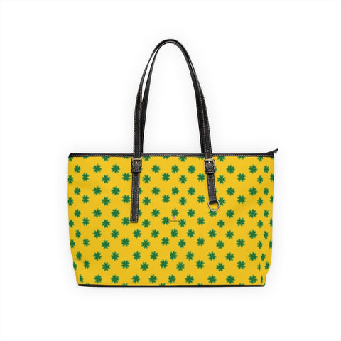 Yellow Green Clovers Tote Bag, PU Leather Shoulder Hand Work Bag