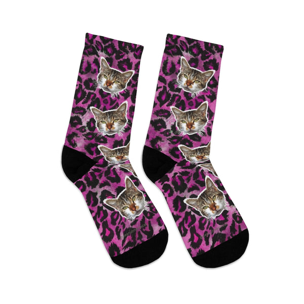Pink Leopard Cat Print Socks, Calico Cat Print One-Size Knit Designer Socks- Made in USA-Socks-One size-Heidi Kimura Art LLC