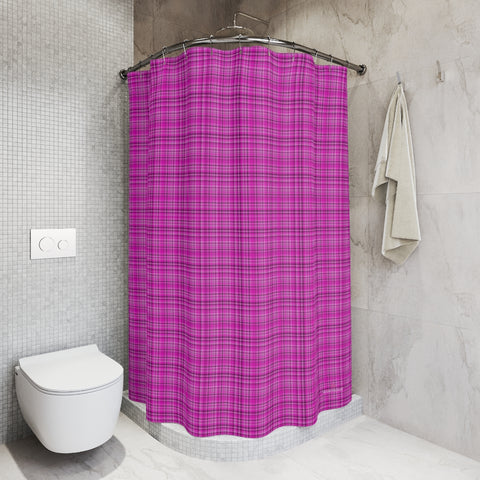Pink Plaid Polyester Shower Curtain, Plaid Tartan Scottish Style Print Christmas Winter Holiday Festive 71" × 74" Modern Kids or Adults Colorful Best Premium Quality American Style One-Sided Luxury Durable Stylish Unique Interior Bathroom Shower Curtains - Printed in USA