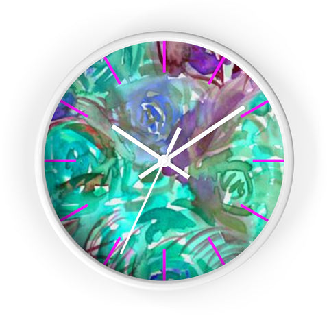 Turquoise Blue Rose Floral Print Flower Rose 10 inch Diameter Wall Clock - Made in USA-Wall Clock-White-White-Heidi Kimura Art LLC Turquoise Blue Floral Clock, Turquoise Blue Pink Floral Flower Print Abstract Rose 10" Diameter Wall Clock, Made in USA, Unique Large Wood Wall Clock,Rose Art Clock Decor