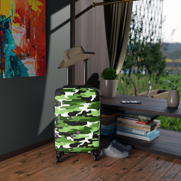 Green White Camo Cabin Suitcase, Camorlauged Army Military Print Carry On Polycarbonate Front and Hard-Shell Durable Small 1-Size Carry-on Luggage With 2 Inner Pockets & Built in Lock With 4 Wheel 360° Swivel and Adjustable Telescopic Handle - Made in USA/UK (Size: 13.3" x 22.4" x 9.05", Weight: 7.5 lb) Unique Cute Carry-On Best Personal Travel Bag Custom Luggage - Gift For Him or Her 