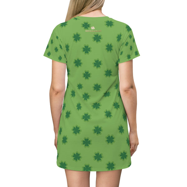 Light Green Clover Print St. Patrick's Day Women's Long T-Shirt Dress- Made in USA-T-Shirt Dress-Heidi Kimura Art LLC