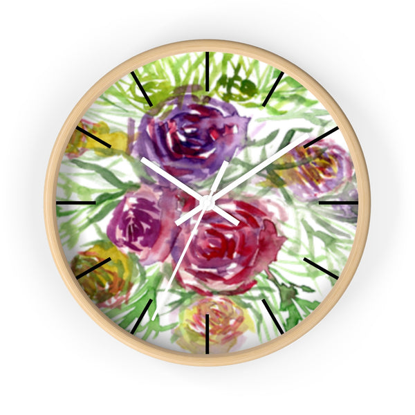 Pink Purple Floral Rose 10 inch Diameter Shabby Chic Girlie Wall Clock - Made in USA-Wall Clock-Wooden-White-Heidi Kimura Art LLC