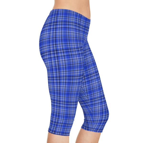 Blue Plaid Women's Capri Leggings, Knee-Length Polyester Capris Tights-Made in USA (US Size: XS-2XL)