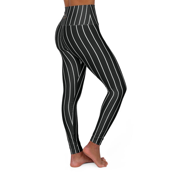 Vertically Black Striped Tights, High Waisted Yoga Leggings, Black White Stripes Women's Tights - Made in USA-All Over Prints-Printify-Heidi Kimura Art LLC