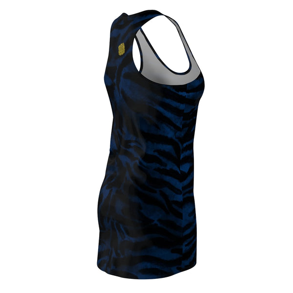 Women's Navy Blue Black Fierce Tiger Stripe Animal Print Sleeveless Dress, Made in USA-Women's Sleeveless Dress-Heidi Kimura Art LLC