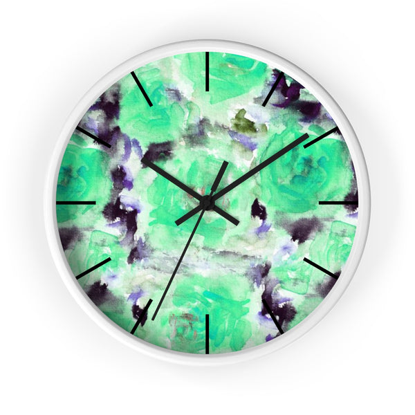 Turquoise Blue Floral Print Abstract Rose 10" Diameter Wall Clock - Made in USA-Wall Clock-White-Black-Heidi Kimura Art LLC